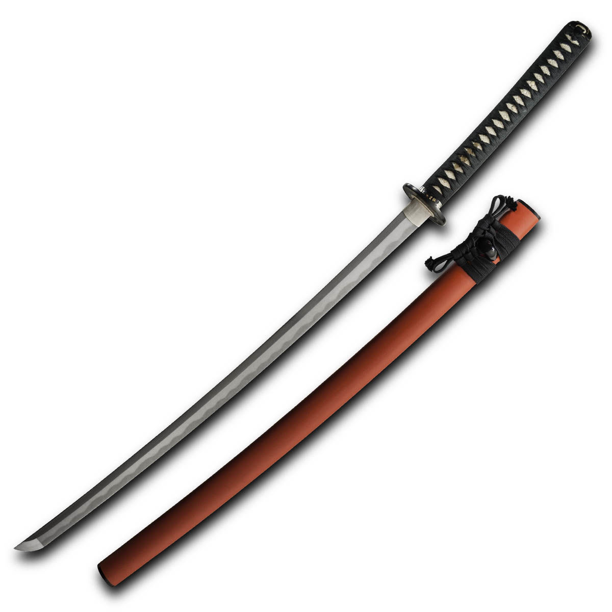 Takeda Shingen Katana from Paul Chen / Hanwei has 65 MN High Carbon Steel blade and textured red saya