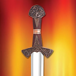 Suontaka Viking sword has highly detailed knotwork on pommel, guard, grip band and inserts, all  plated in rich copper