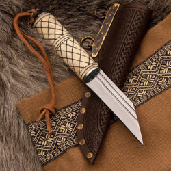 Voyager Scramasax Viking Knife with high carbon steel blade, brass hardware, carved bone handle and embossed leather sheath