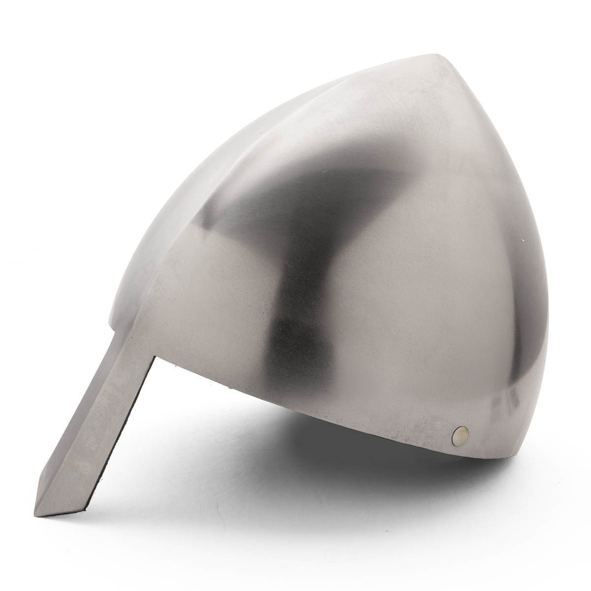 Reproduction medieval Olmutz nasal helmet made of 18 gauge steel with a classic conical shape and a nose guard
