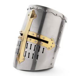 Medieval Great Helm in 18 gauge steel has narrow eye slits and brass reinforcing bands
