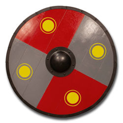 Viking Shield made with wood planks and hand painted with grey and red quadrants and yellow circles
