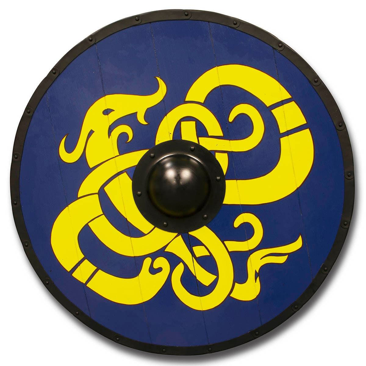 Viking Shield made with wood planks and hand-painted with Interlaced yellow dragon design is outlined in dark brown and set on a blue background