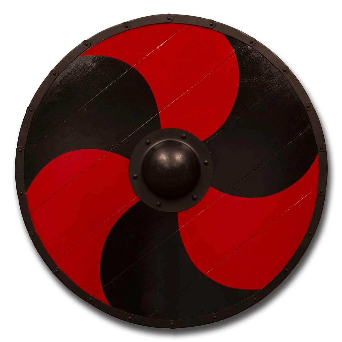 Viking Shield made with wood planks and hand painted with red and black spiral design