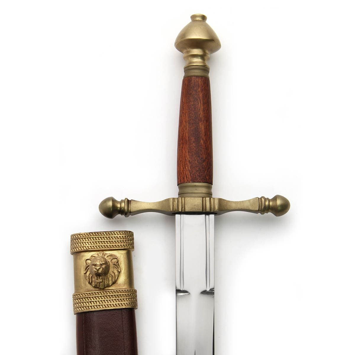 Bramham Moor Medieval Dagger by Windlass has high carbon steel blade, wood grip and matte brass guard and pommel