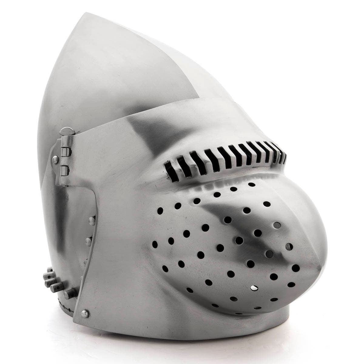 18 gauge steel Hounskull Medieval Helmet has a removable snoutlike visor attached to a bascinet