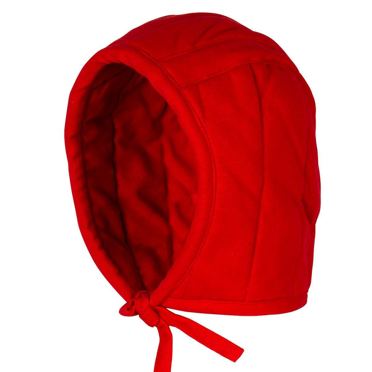 Thickly padded, heavy cotton red arming cap to wear under helmets has tough, thick laces 