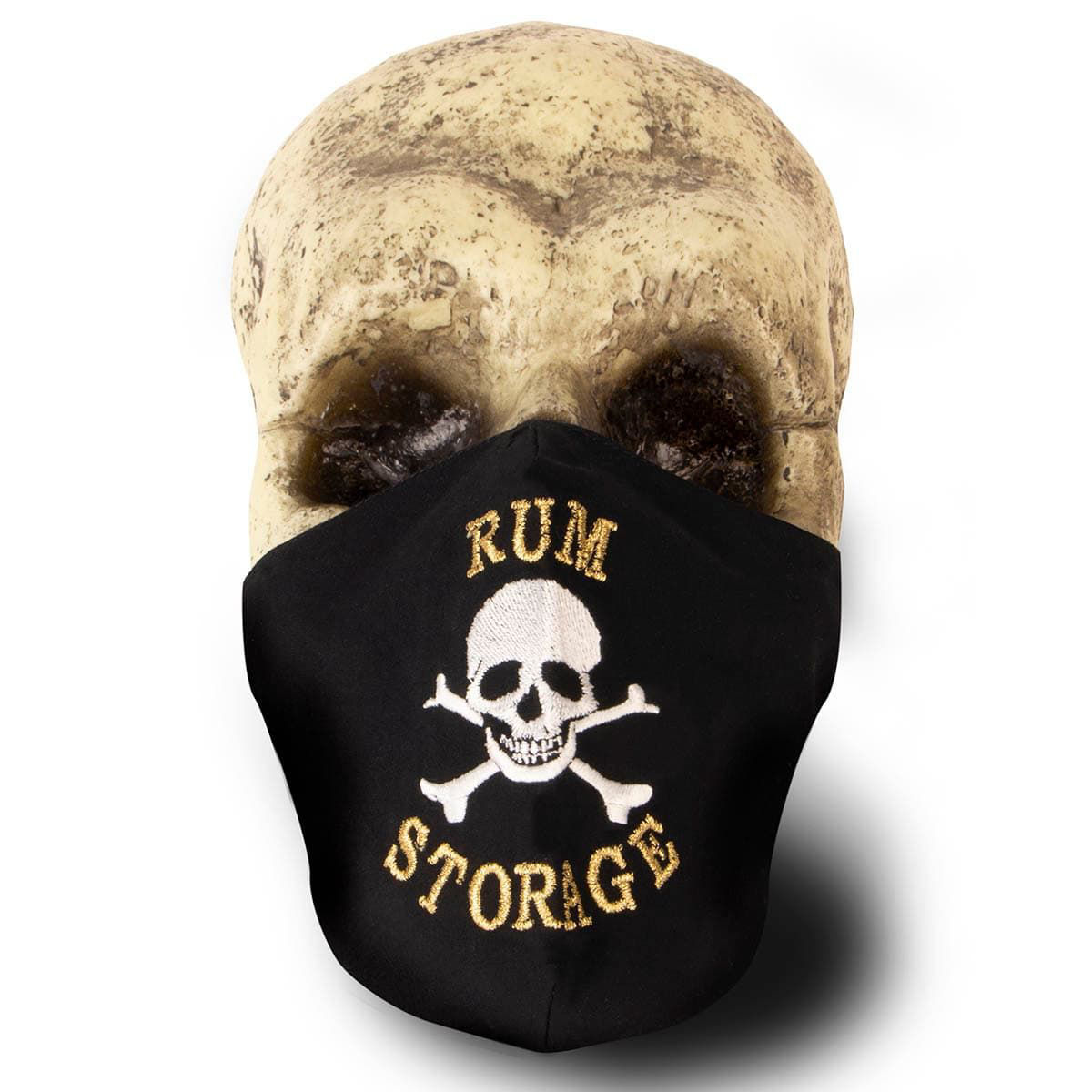 Black Cotton Face Mask with silk embroidery stating Rum Storage, adjustable straps and pocket for disposable filter