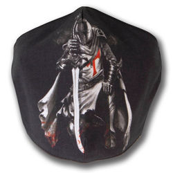 Black Cotton Face Mask with screen image of Templar Knight, adjustable straps and pocket for disposable filter
