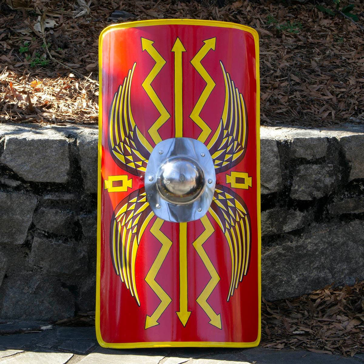 18 gauge steel Roman Scutum shield is hand-painted with eagle wings and thunderbolts has polished steel boss and steel handle