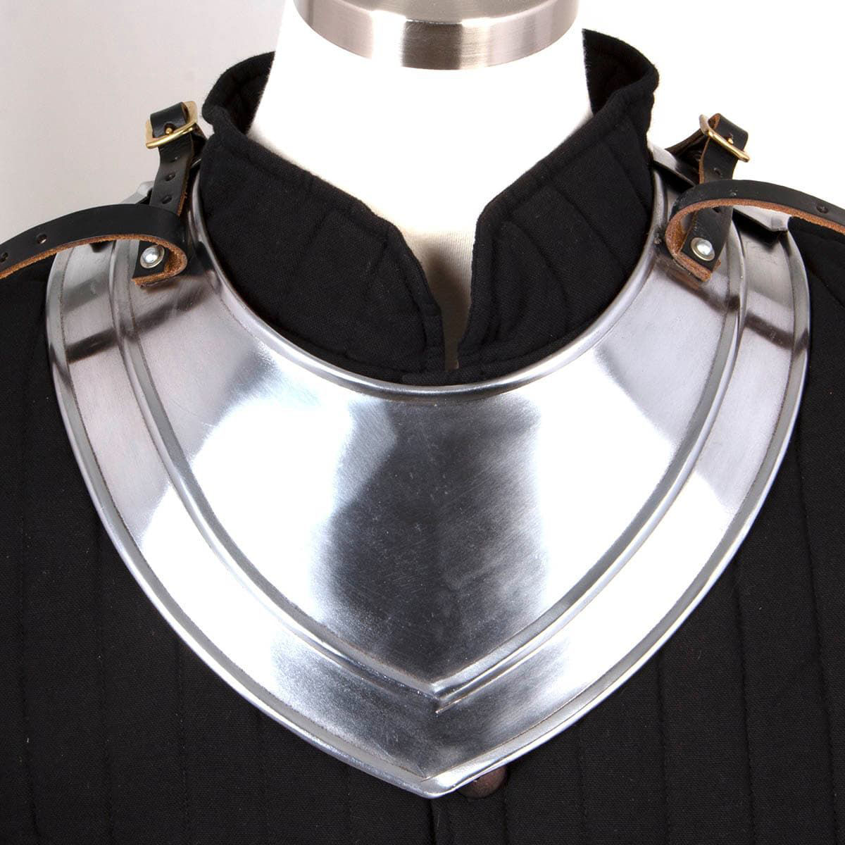 18 gauge steel medieval gorget for upper shoulder protection has 2 sets of adjustable leather straps, made by Noble Armoury