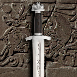 Baldur Viking Sword has runes on leather grip for Courage, Protection, and Strength and runes on high carbon steel blade