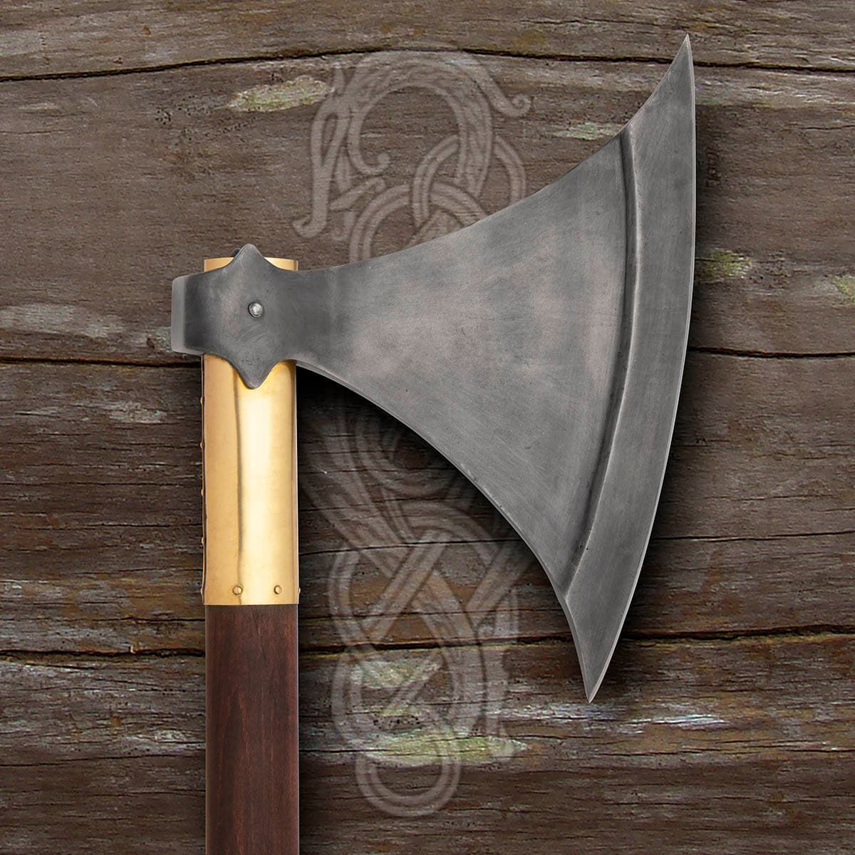 Windlass Replica Langeid Two-Handed Broadaxe with 1055 high carbon steel blade, brass collar, stained hardwood shaft