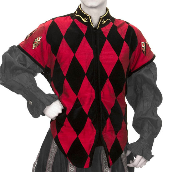 Black velvet Courtly Tunic with red diamond harlequin pattern and red taffeta sleeve caps with eye-shaped cutaways 