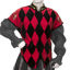 Black velvet Courtly Tunic with red diamond harlequin pattern and red taffeta sleeve caps with eye-shaped cutaways 
