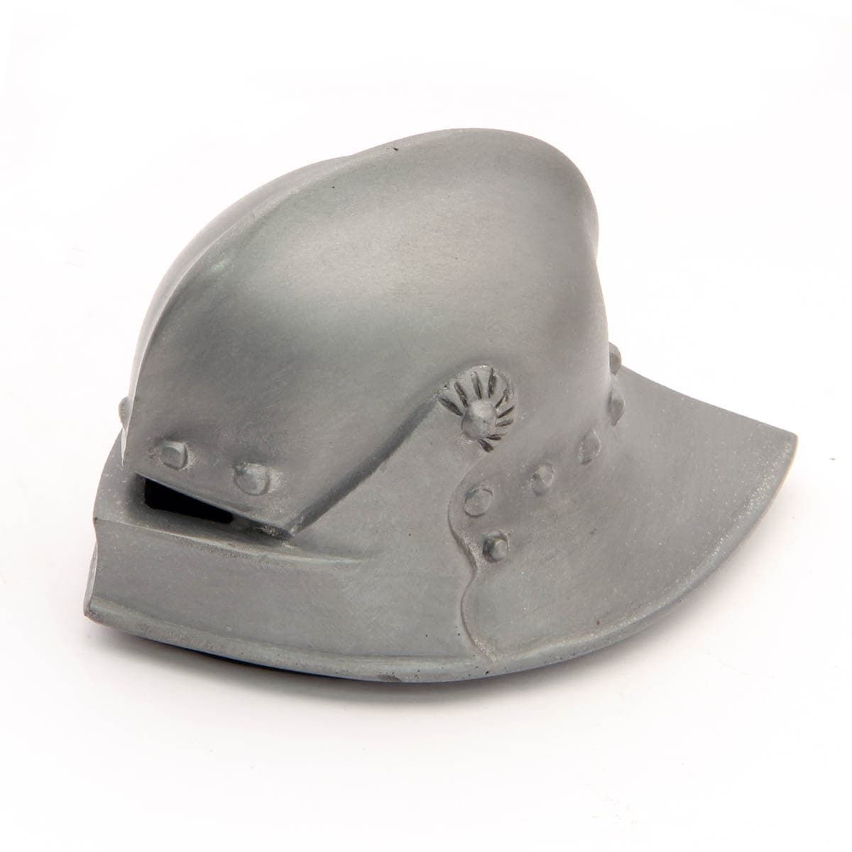 miniature pewter Knightly Sallet helmet for paperweight or home decor has felt-covered bottom for anti-scratching