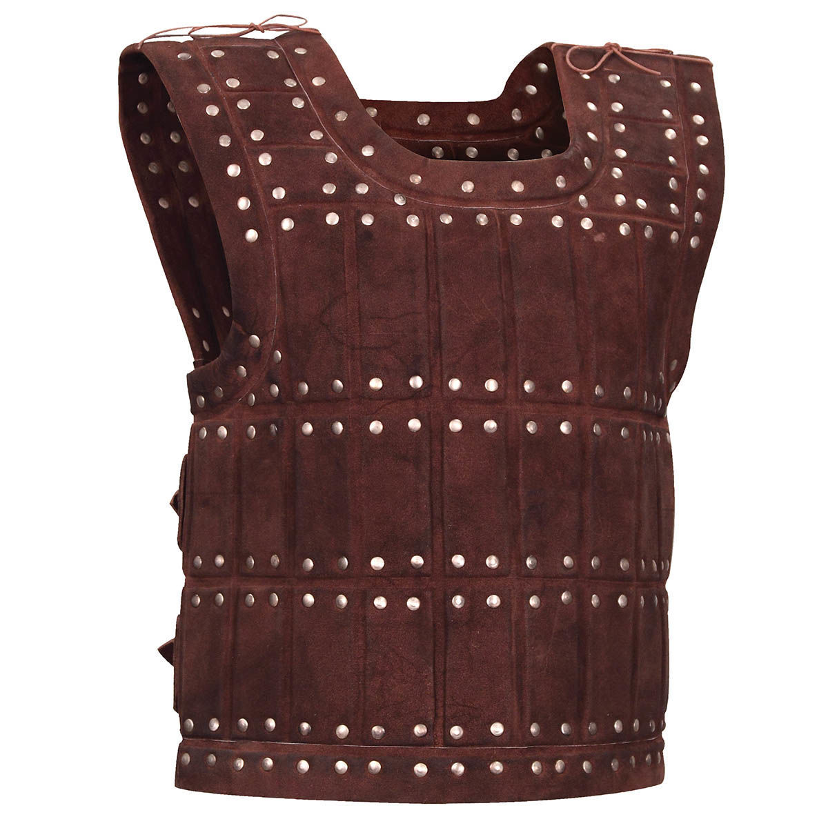 suede leather historical armor vest with padded design for extra protection and two adjustable buckle straps in the back 