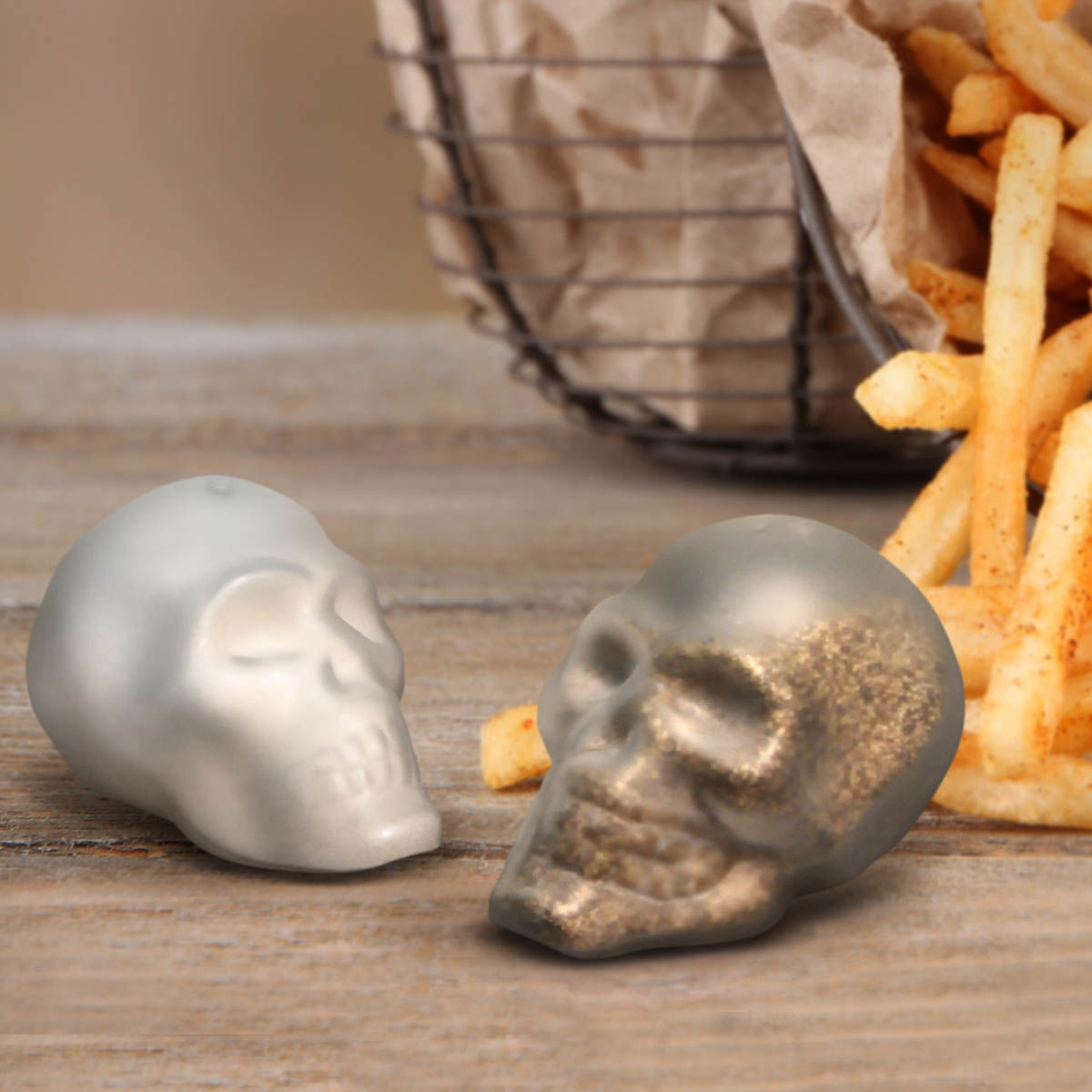Doomed Skull Salt & Pepper shakers are hand-blown borosilicate glass with a satin finish