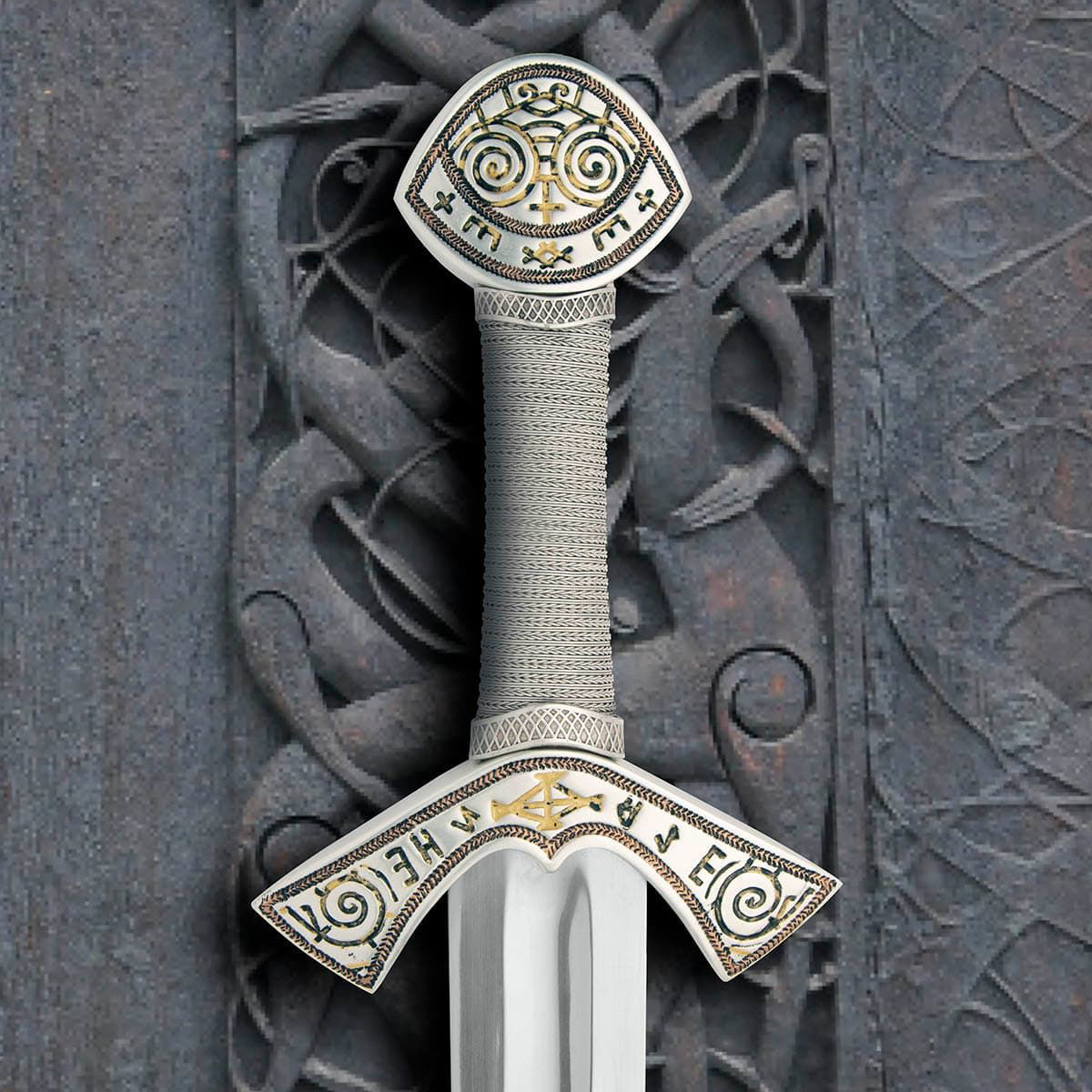 Langeid Sword replica by Windlass has silver-plated steel pommel and guard with real gold and copper markings