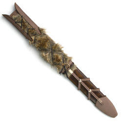 Conan Father's Sword Molded Leather Scabbard accented with matte-finished leather, faux fur, leather bands, cord, and brass