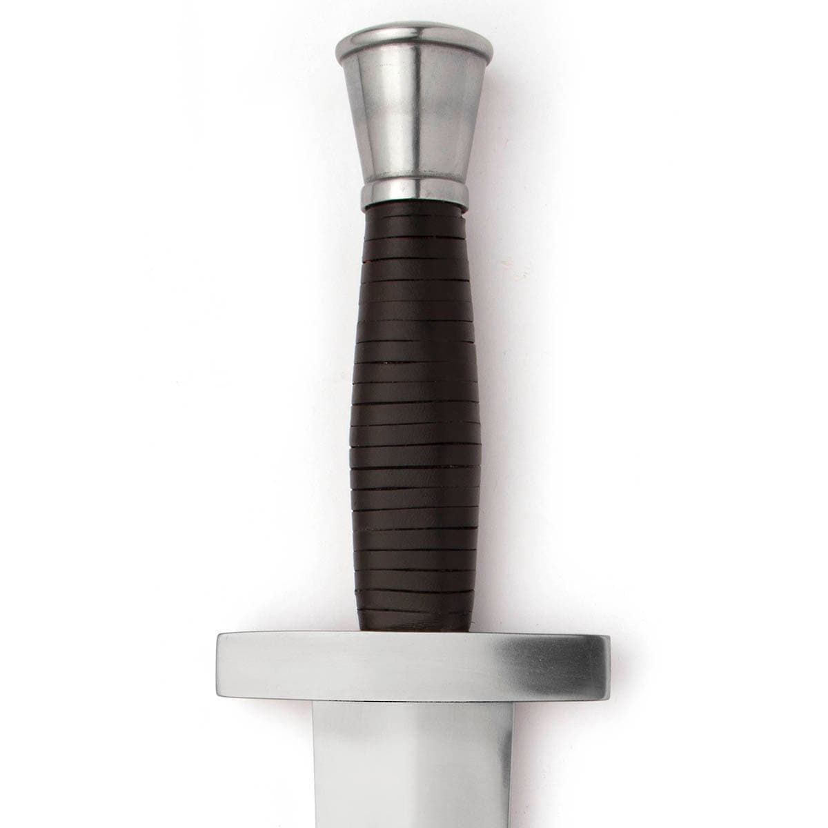 Hoplite replica sword by Windlass has leather-covered wood grip and steel guard and pommel