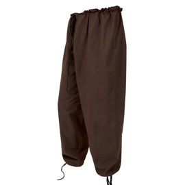 Brown 100% cotton pants with drawstring waist fit sizes 28"-50". Can be worn loose, tucked inside boots or wrap the legs with cord 