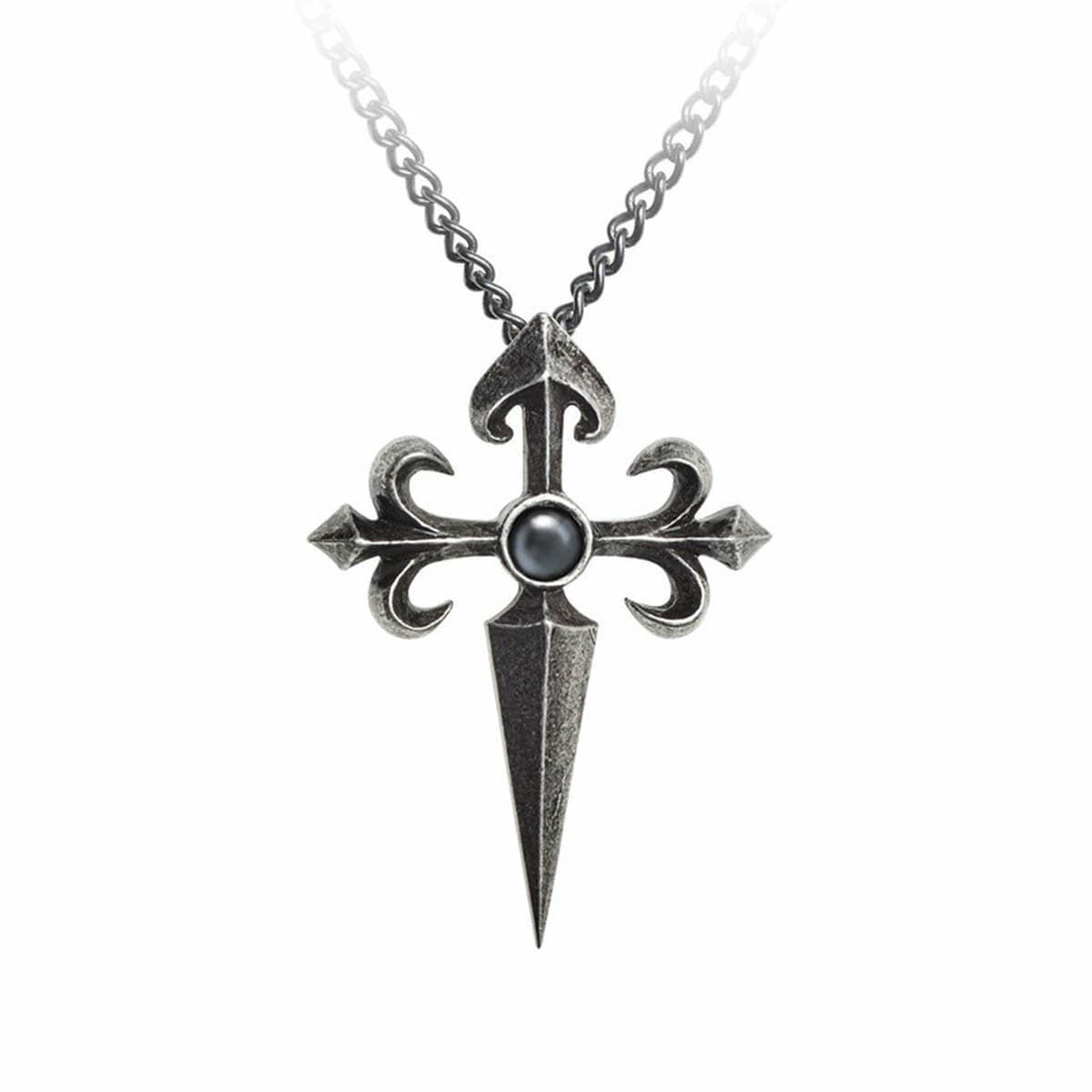 pewter pendant of Cross of St. James or Santiago Cross has fleurs-de-lis arms, a sword-pointed shaft and hematite cabochon 