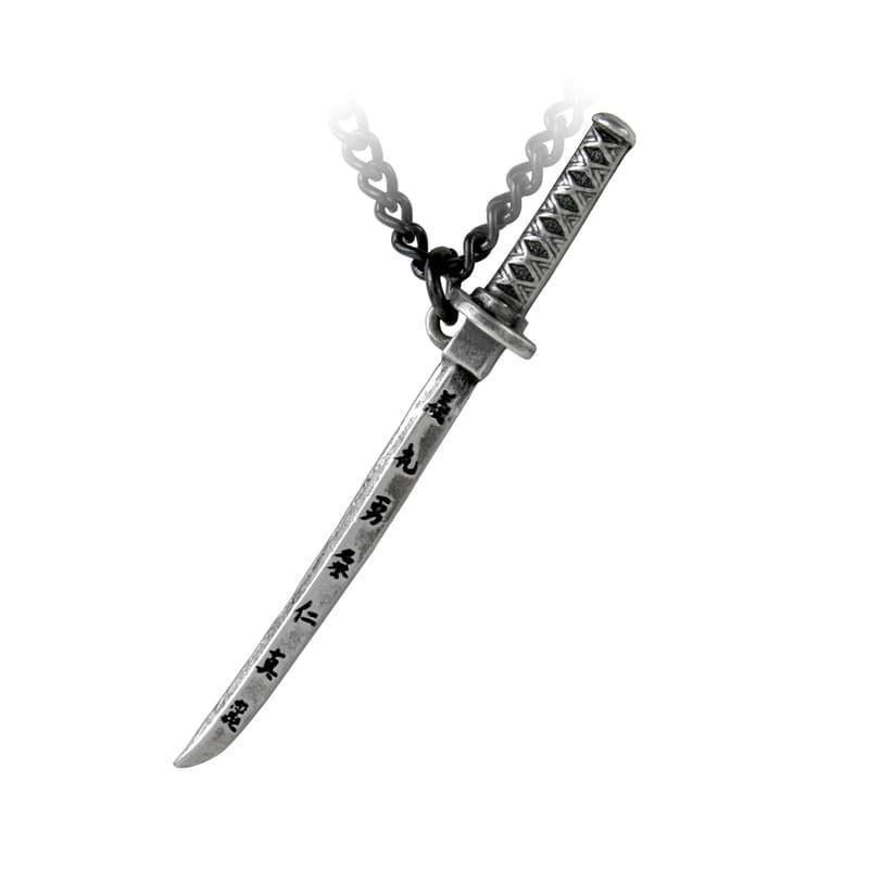 mini, pewter Japanese samurai sword engraved in traditional katakana with the seven virtues of Bushido