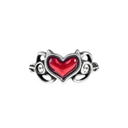 delicate pewter Little Devil ring with blood-red enameled Devil's heart flanked by two Swarovski white crystals