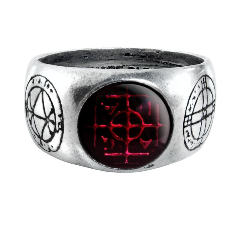 central Kabbalistic "Agla" under translucent red enamel in Alchemy pewter ring, also inscribed with seals for love, memory, safety, and peace