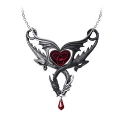 pewter necklace has two intertwined dragons, one black, one silver, red enameled heart in center and red Swarovski teardrop crystal