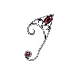 polished, antiqued pewter Elvyn ear-wrap with delicate scrollwork and two large, red Swarovski crystals