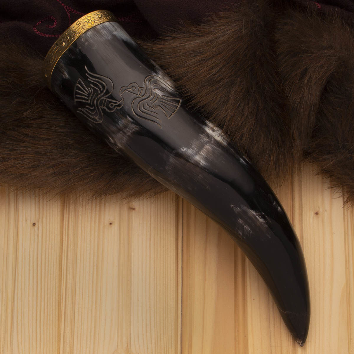 Viking Drinking Horn with hand-engraved ravens is fully functional but slightly de-laminated at the mouth