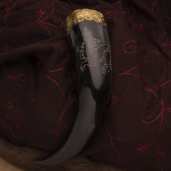 Viking Drinking Horn with hand-engraved monster wolf Fenrir is fully functional but slightly de-laminated at the mouth
