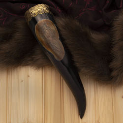 Drinking Horn engraved with famous Viking Dragon Head is fully functional but slightly de-laminated at the mouth
