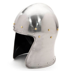 Barbute tall visorless 18 gauge steel medieval helmet by Noble Armoury with decorative brass and steel rivets