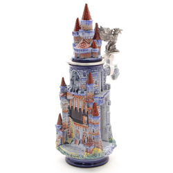 Limited edition stoneware fantasy castle stein with towers, gates, masonry, and cobblestone roads is made in Germany.
