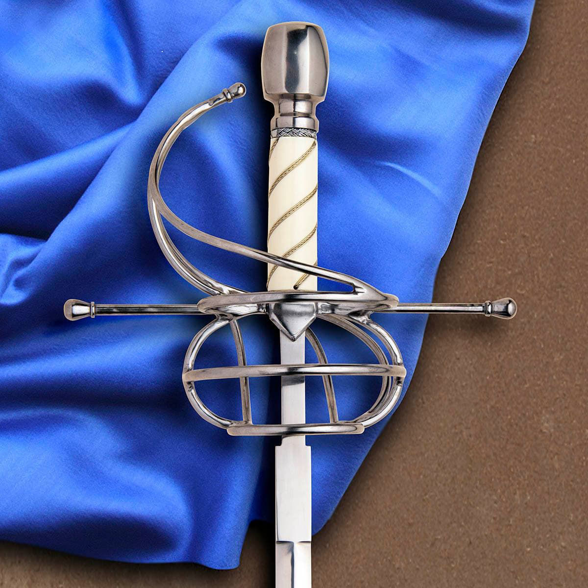 Windlass Deschaux Renaissance rapier has three-ringed swept hilt, wire wrapped bone grip, high carbon steel blade and includes scabbard