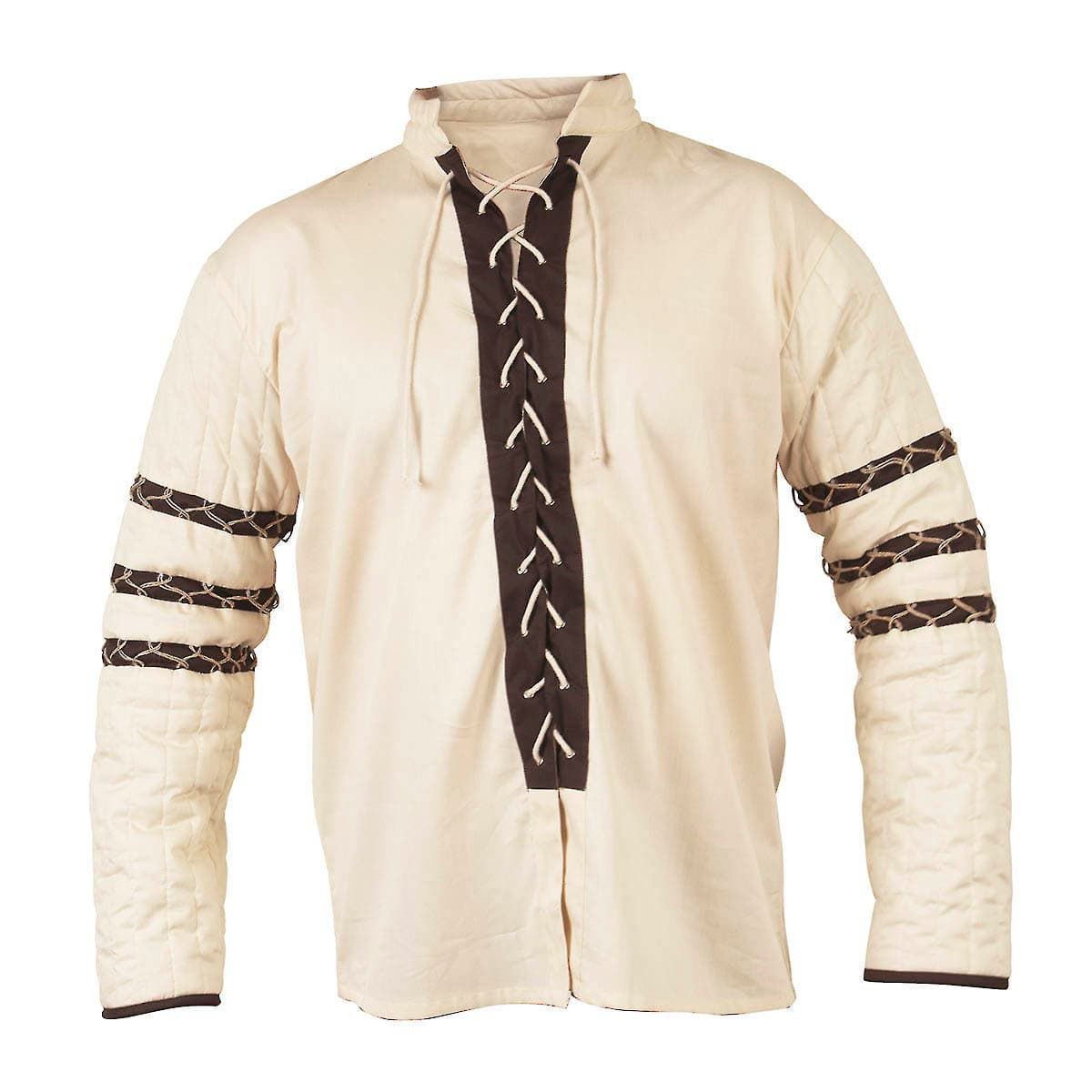 Lace-up cotton shirt has lightly padded sleeves with Nordic string design. Can be worn alone or under a sleeveless doublet