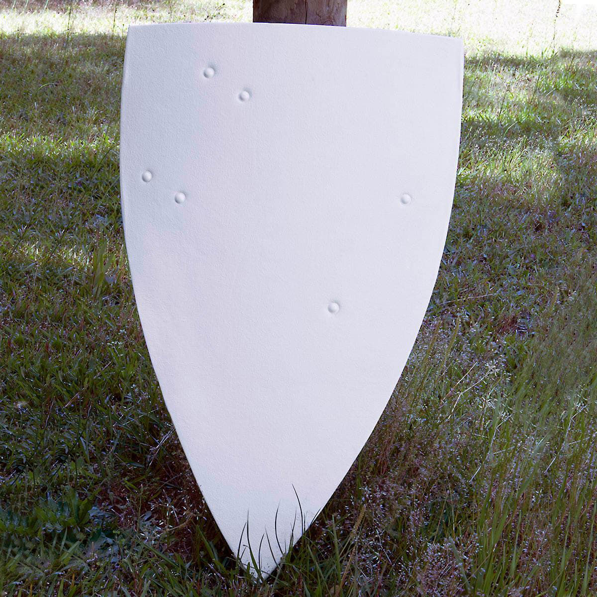 curved wood knightly shield is covered on canvas, padded and has adjustable arm straps, ready to prime and custom paint