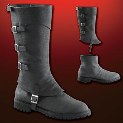 Black two-part faux leather boots have a short, slip-on ankle boot and faux leather upper gaiter with buckles
