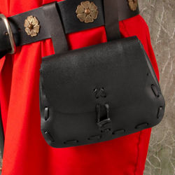 black leather pouch with leather toggle closure shown on belt