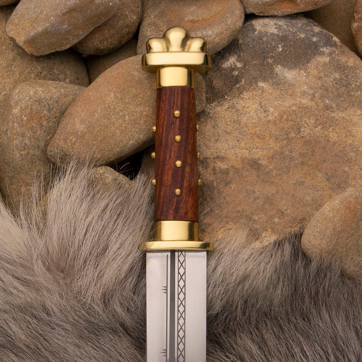 Circa 750 Replica Seax with sharp high carbon steel blade and wood grip with brass tacks, brass guard and brass pommel