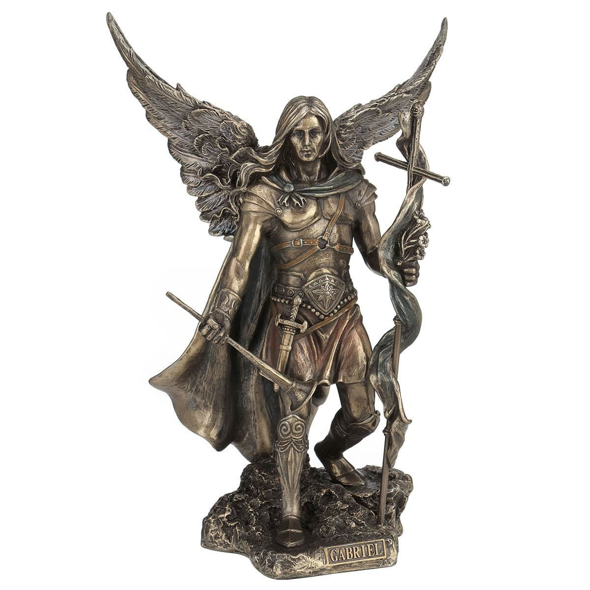 cold cast resin statue of Archangel Gabriel in armor with his wings outstretched, holding a cross and his trumpet