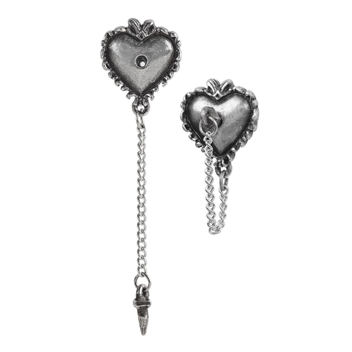 miniature pewter heart ear studs are pierced at the center, pewter nail on a fine chain sticks into the vacant hole 