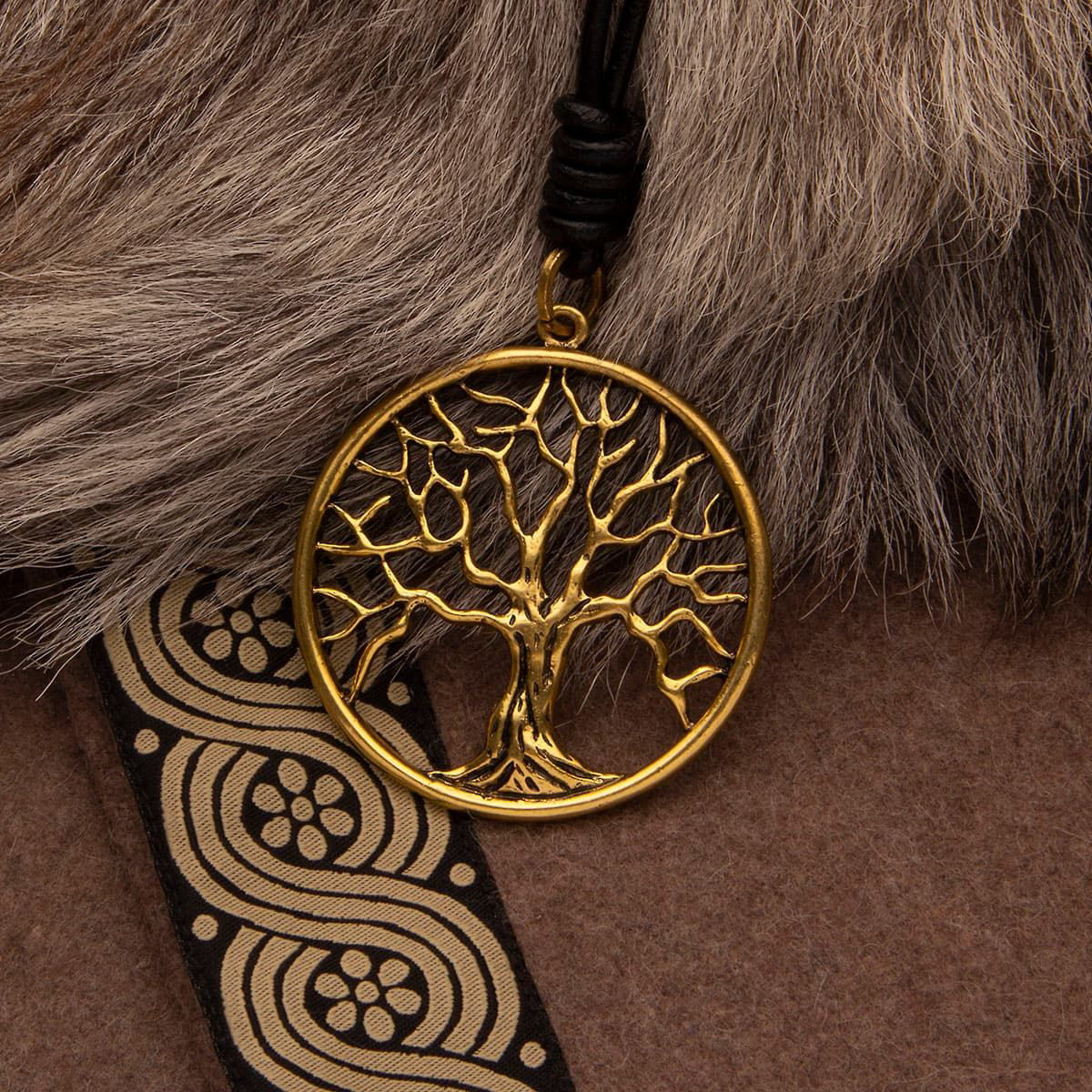 gold finish Tree of Life pendant is 2-1/4" in diameter and hangs from a 36" long black cord with a clasp