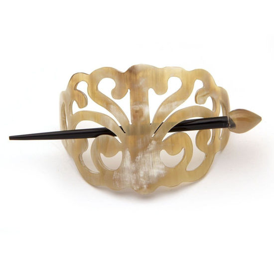 carved horn barrette handcrafted in Vietnam from fair trade buffalo horn and secures with a horn pin