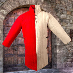 white and red padded gambeson in canvas-grade cotton with side buckles, open armpits and a high collar to protect the neck