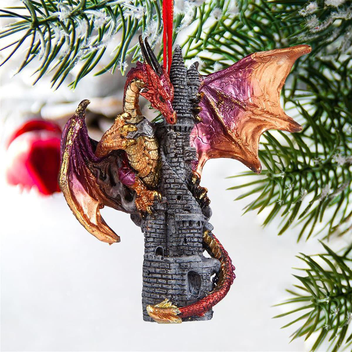 Zanzibar Gothic Dragon Resin Holiday Ornament hand-painted in metallics with matching ribbon hanger