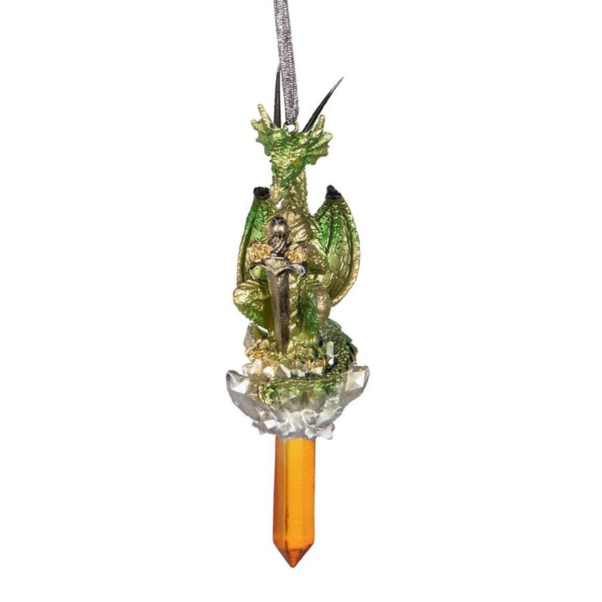 Cicles Gothic Dragon Resin Holiday Ornament hand-painted in metallics with silver cord hanger